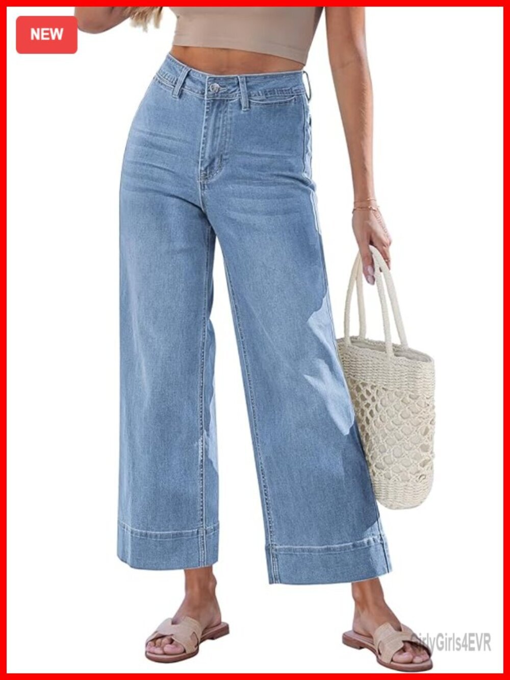 Wide Leg Cropped Jeans High Waisted Stretchy Denim Pants Distressed Trouser